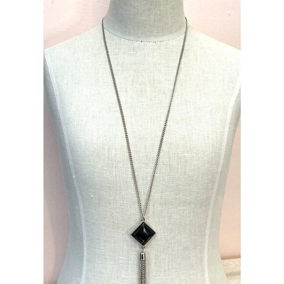 Composite Black Howlite Tassel Pendant Necklace Silver Chain by Toni - Picture 4 of 5